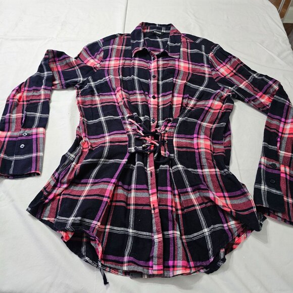 Express Women's Plaid Lace-Up Front Corseted Flannel Black/Pink Sz L Goth - Picture 3 of 10